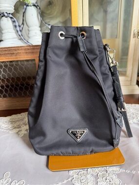 Prada Black Nylon Drawstring Bucket Bag Satchel